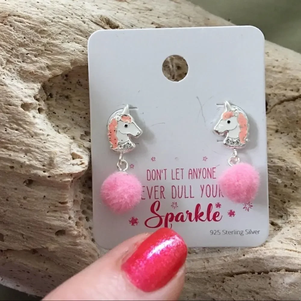 Unicorn Sterling Silver Pom Pom Earrings